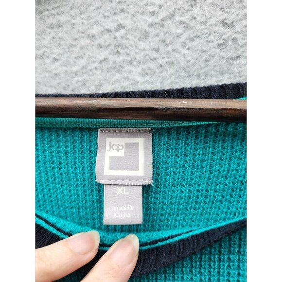 JCP Womens Raglan Sleeve Sweater XL Teal & Gray Nylon/Wool Blend - Picture 2 of 4